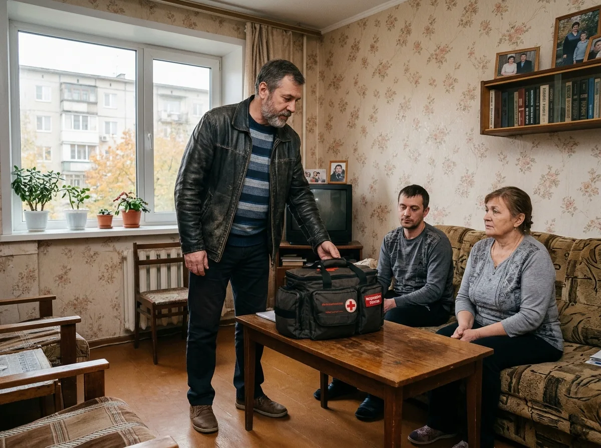 Врач-нарколог в гражданской одежде с медицинским чемоданчиком приезжает на вызов к пациенту в Волгограде — спокойная рабочая атмосфера, квартира, дневной свет