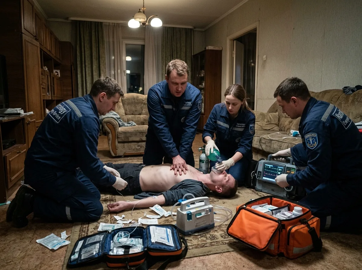 Реанимационная бригада наркологической клиники оказывает экстренную помощь пациенту с передозировкой — медики с оборудованием, стремительное действие