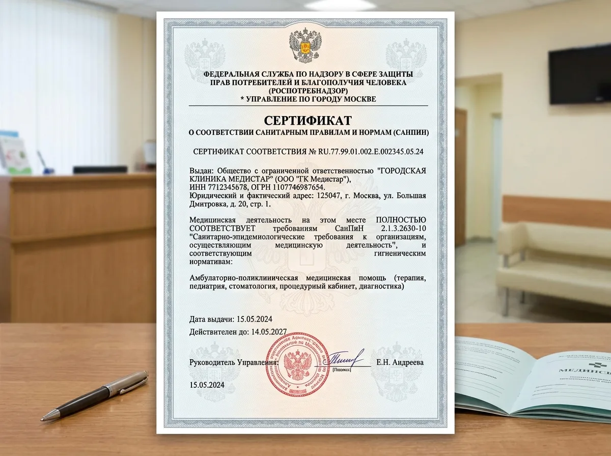 Свидетельство о соответствии санитарным нормам СанПиН для медицинской клиники — официальный документ Роспотребнадзора