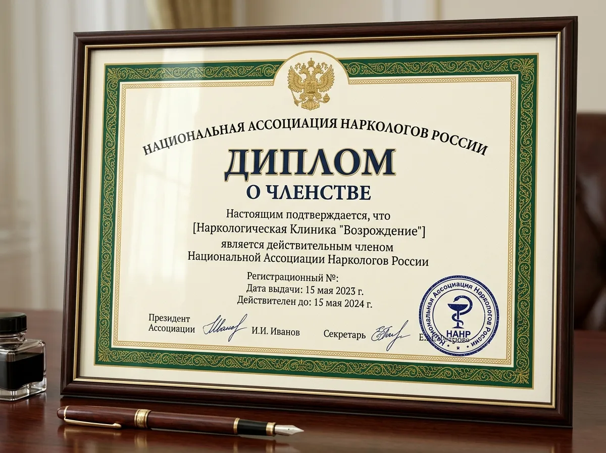 Диплом о членстве наркологической клиники в Национальной ассоциации наркологов России — официальный бланк с печатью